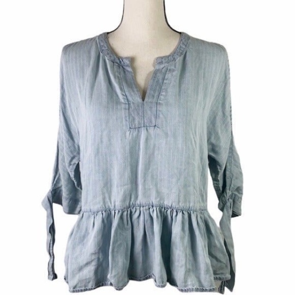 Blue Rain v neck Tied Sleeves cold shoulder pinstripe peplum Blouse, Size XS - Picture 5 of 11